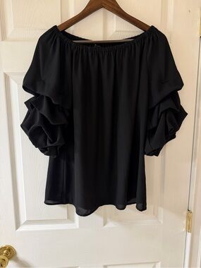 Coco Bianco Black Off-Shoulder Ruffle Sleeve Blouse